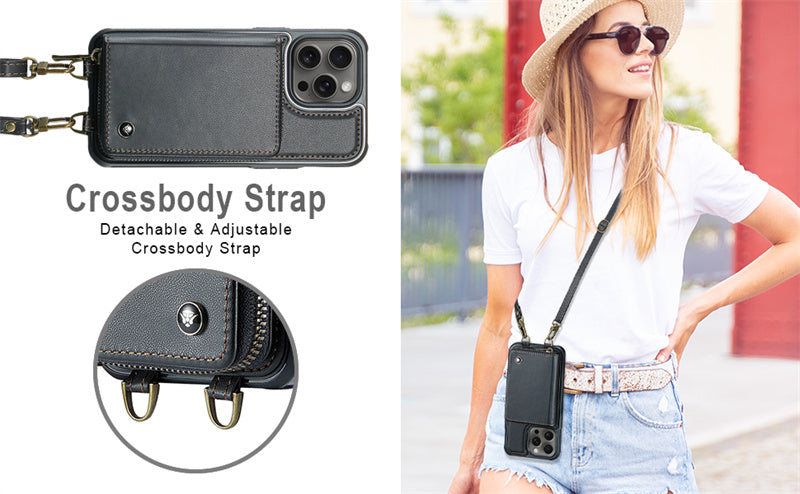 Luxury Leather Wallet Crossbody iPhone Case – Card Slot Holder, Stand Function, Hand Lanyard Strap, Shockproof Protection for iPhone