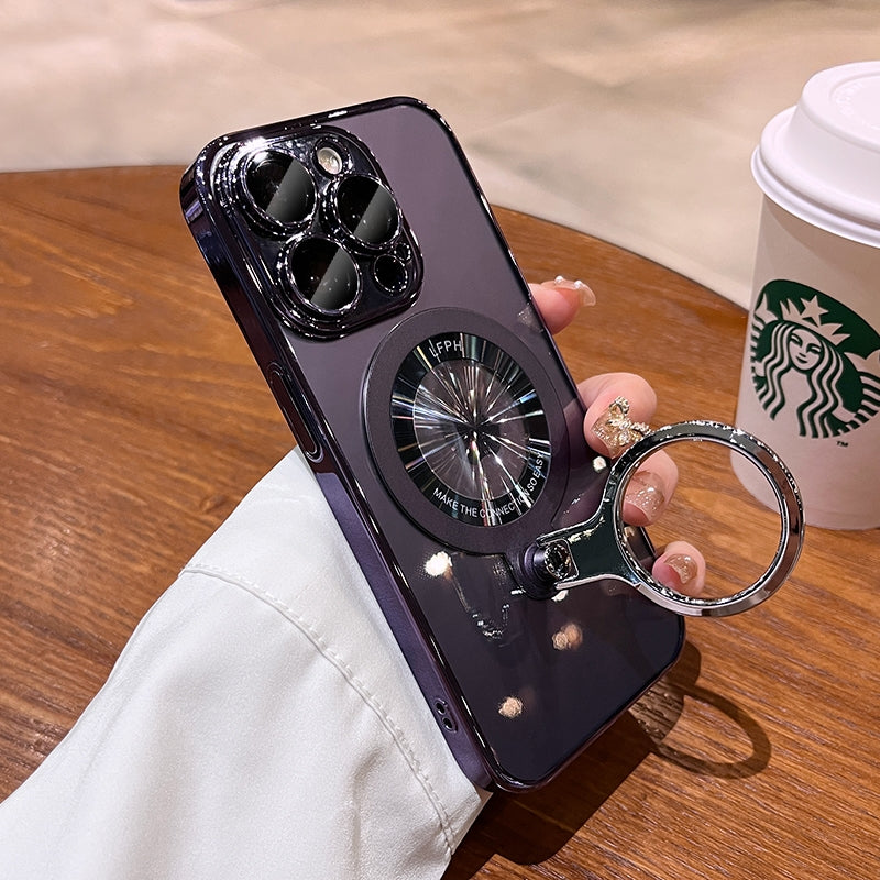 Luxury Ring Holder - Transparent Hard Acrylic Cover, Built-in Bracket, Magnetic Wireless Charging Compatible  Case for iPhone