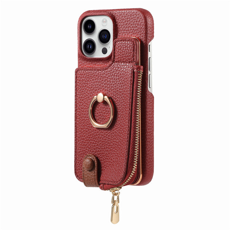 Luxury Leather Zipper Wallet iPhone Case – Card Holder, Ring Kickstand, Shockproof Cover for iPhone Models