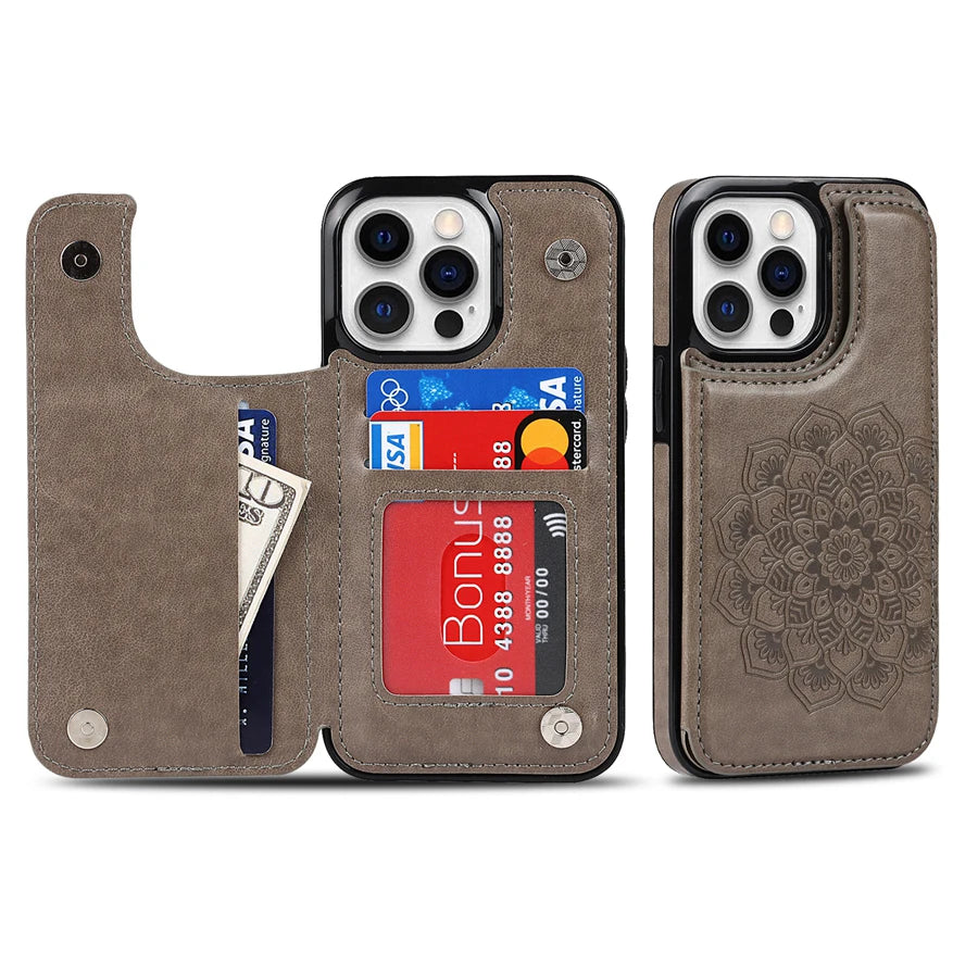 Luxury Wallet Datura Double Buckle iPhone Case – Magnetic Flip, Card Slot, Protective & Stylish Leather Cover Case for iPhone