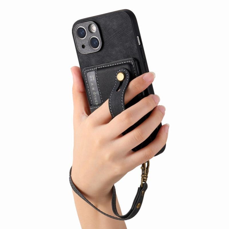 Luxury PU Leather Wallet iPhone Case with Wrist Strap – Stand Function, Card Holder, Protection for Secure and Convenience
