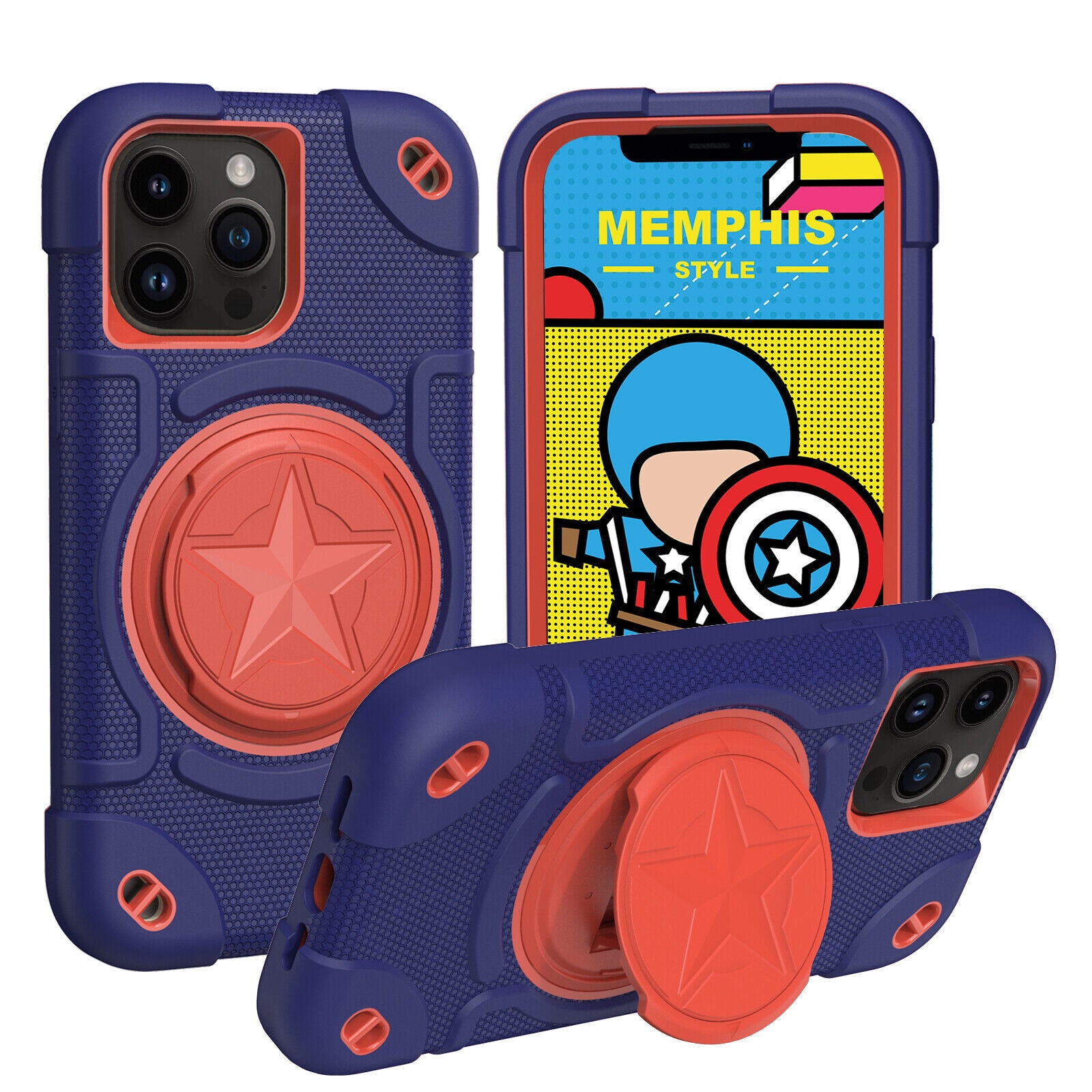Shield Rotating Ring Rugged Stand iPhone Case – Star Design, Macaron Color Bumper Cover, Durable Protection for iPhone Models