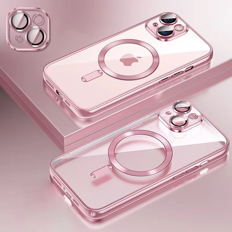 Luxury Apple iPhone Case, MagSafe Compatible, Camera Lens & Screen Protection, Ultra Thin, Shockproof, Magnetic Full All Around Cover – Plating Transparent Silicone TPU Case with Magnetic Back & Lens Film Protection