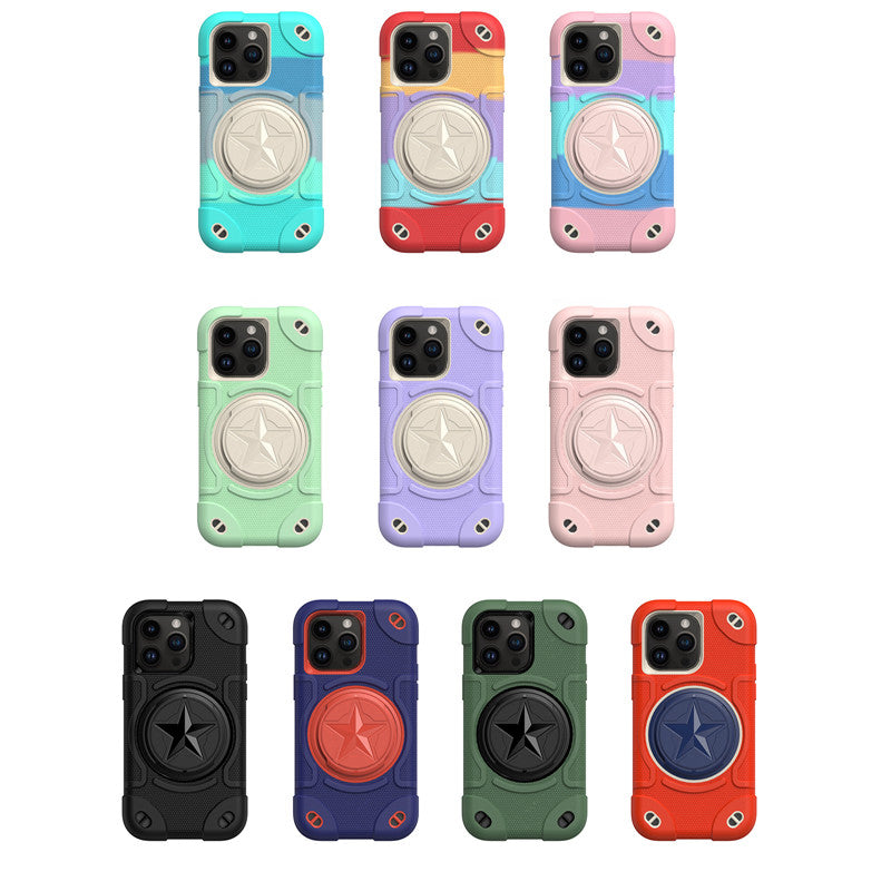 Shield Rotating Ring Rugged Stand iPhone Case – Star Design, Macaron Color Bumper Cover, Durable Protection for iPhone Models
