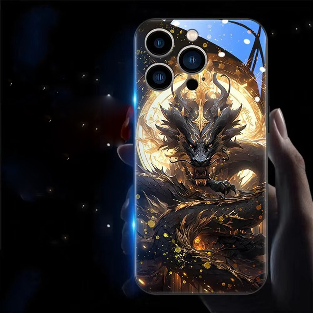 Premium Apple iphone  Case, LED Flash, Sound Reactive, Shockproof, Ultra Thin, Full Body Protection, Golden Dragon Luminous Glass Cover