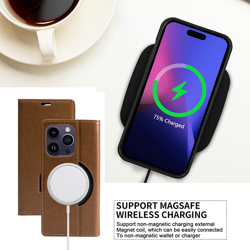 Hochwertige iPhone-Hülle aus Leder zum Aufklappen – MagSafe-kompatibel, Magnetverschluss, kabelloses Laden, Kartenetui, langlebiger Schutz für das iPhone