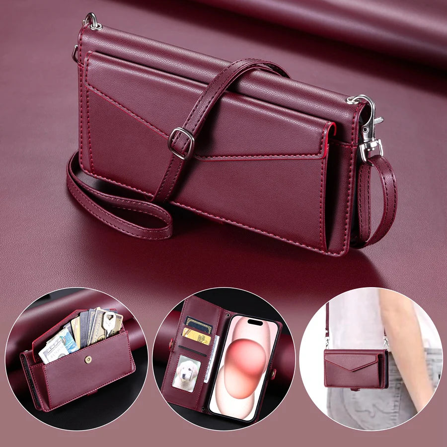 Luxury Dual-Layer Wallet iPhone Case – Flip Leather Cover with Card Slots, Photo Frame, 2 Lanyards, Shockproof Protection, and Stand Feature for iPhone