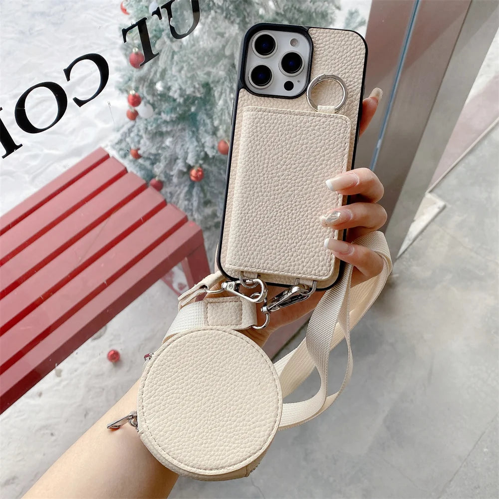 Luxury Crossbody Wallet iPhone Case – Card Pocket Holder, Lanyard Leather Cover, Stylish & Functional Design Case for iPhone