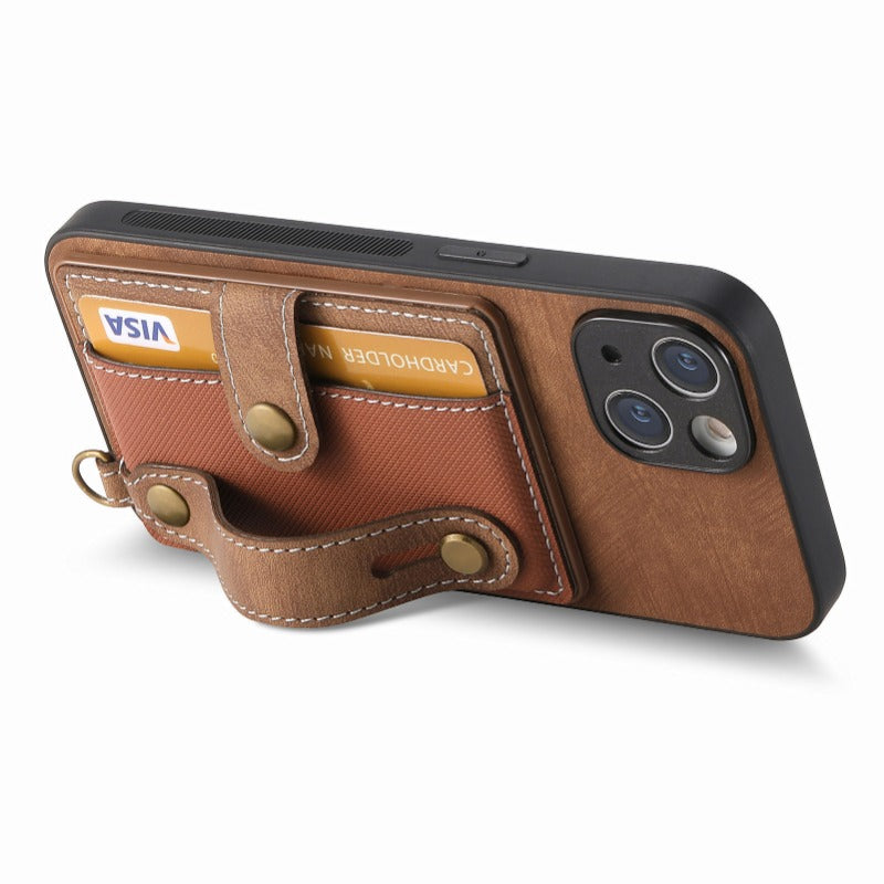Luxury PU Leather Wallet iPhone Case with Wrist Strap – Stand Function, Card Holder, Protection for Secure and Convenience