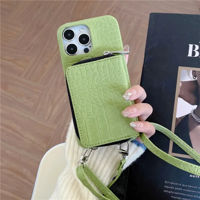 Luxuriöse Crossbody-Hülle aus Krokodilleder für das iPhone – Geldbörse mit Reißverschluss, Kartenhalter, stoßfester Schutz und elegantes Design für sicheren und stilvollen Komfort