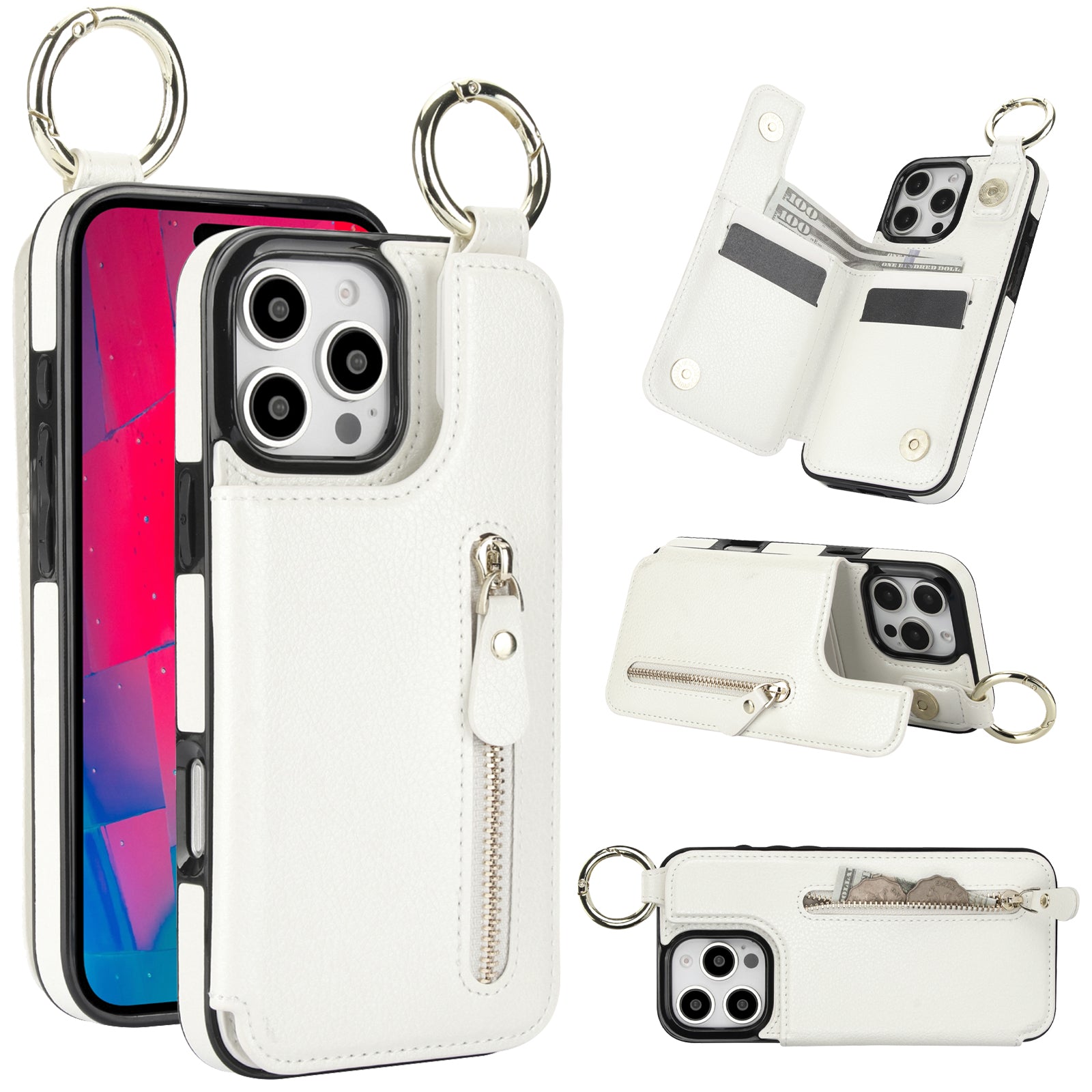 Luxuriöse iPhone-Hülle aus Leder im Brieftaschenformat mit Reißverschluss – Kartenhalter, Ringständer, stoßfester Schutz und Crossbody-Design für sicheren und stilvollen Komfort