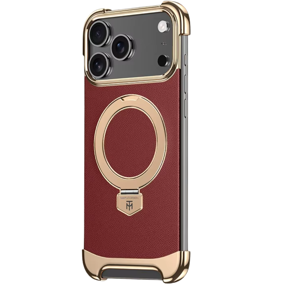Luxury Leather Frameless iPhone Case – Ultra Thin Magnetic Cover with Metal Bracket Stand, Shockproof Bumper Protection and Camera Lens Guard