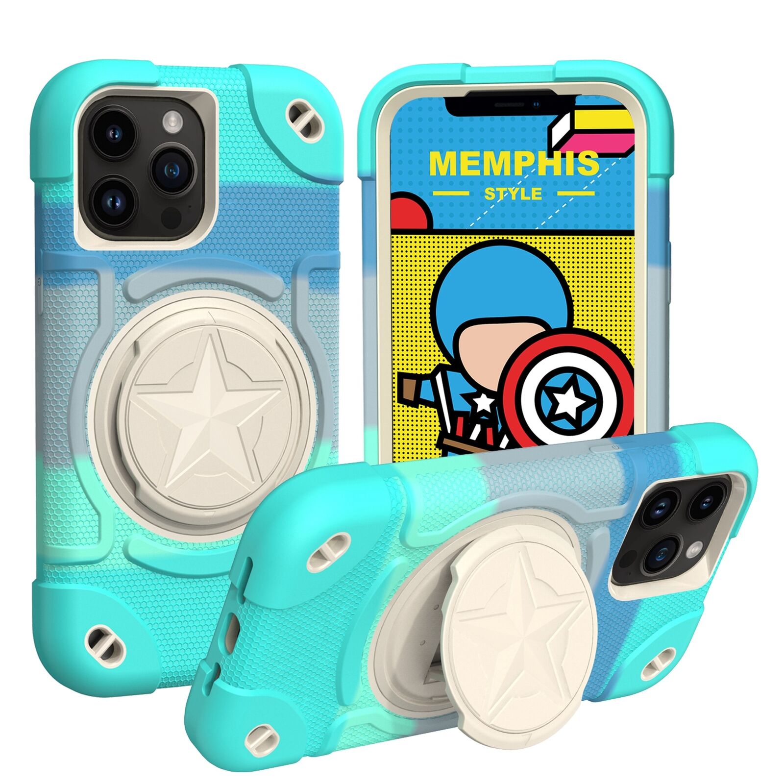 Shield Rotating Ring Rugged Stand iPhone Case – Star Design, Macaron Color Bumper Cover, Durable Protection for iPhone Models