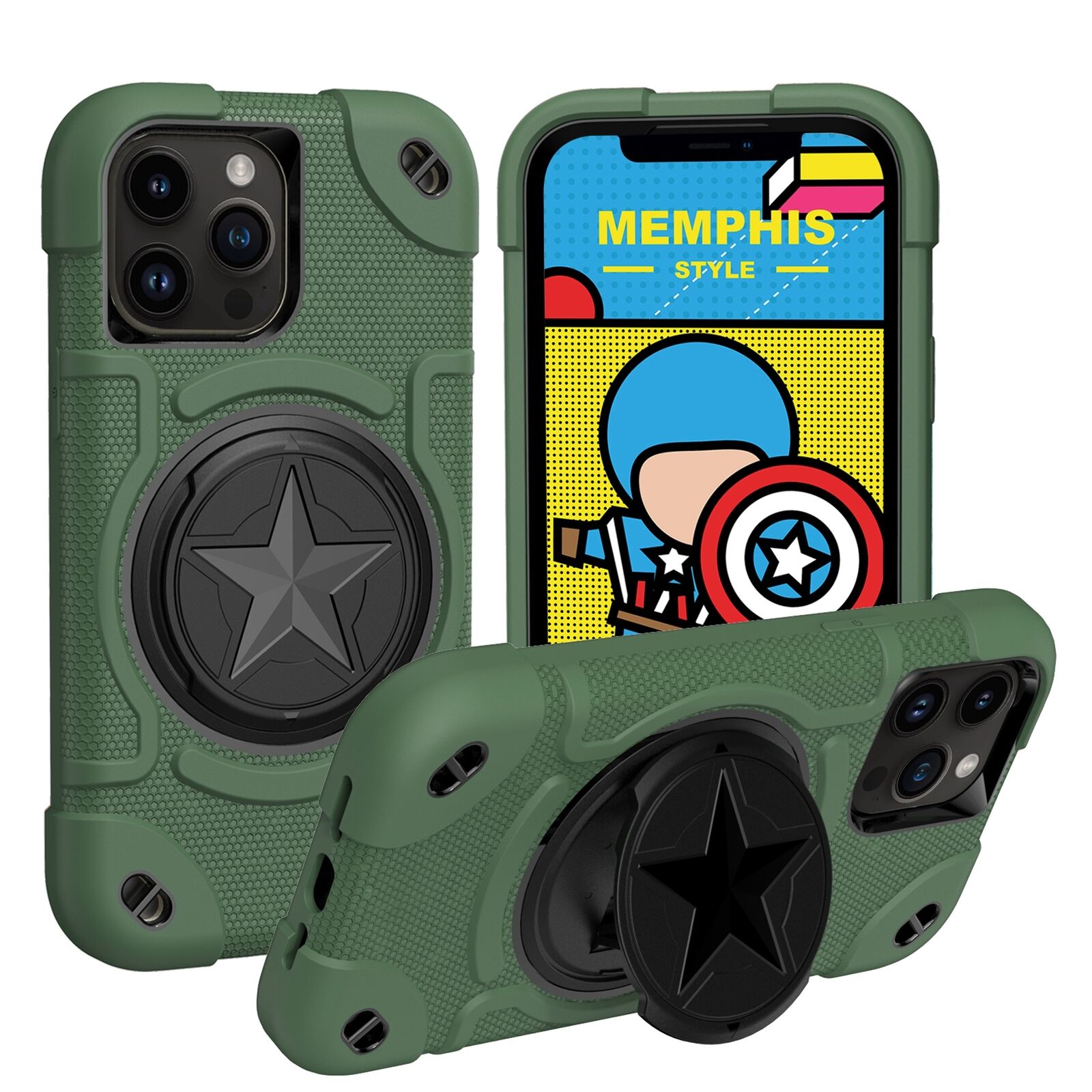 Shield Rotating Ring Rugged Stand iPhone Case – Star Design, Macaron Color Bumper Cover, Durable Protection for iPhone Models