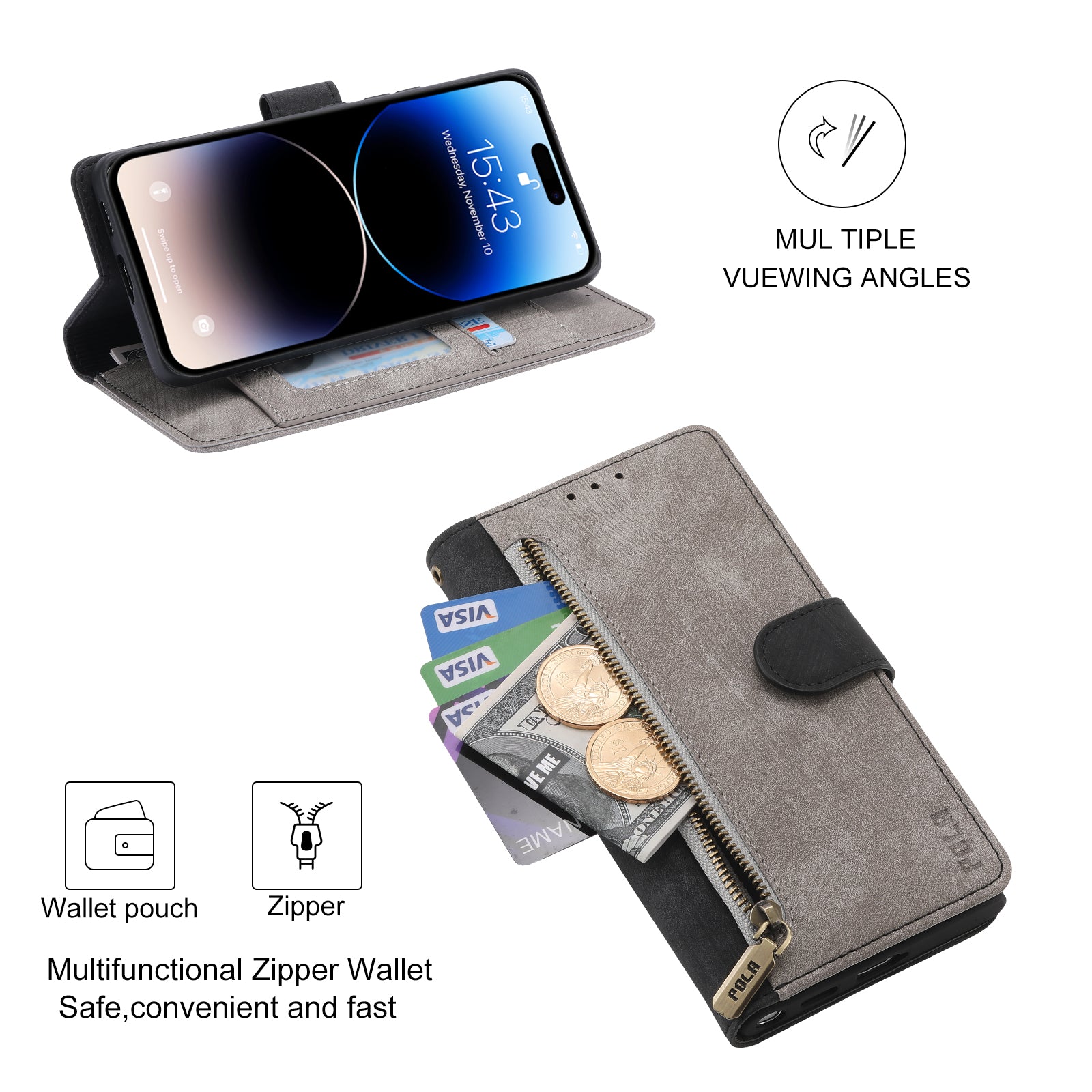 RFID-blockierende Leder-Brieftaschenhülle für iPhone – Klapphülle mit Reißverschluss, Kartenfach, magnetischer Ständer, stoßfester Schutz, Premium-Design für iPhone
