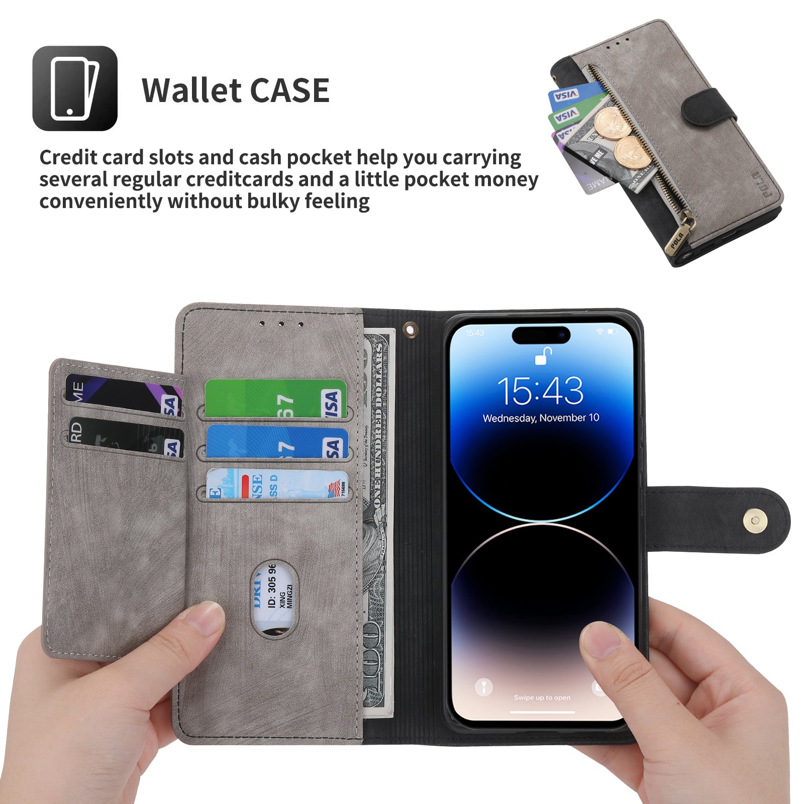 RFID-blockierende Leder-Brieftaschenhülle für iPhone – Klapphülle mit Reißverschluss, Kartenfach, magnetischer Ständer, stoßfester Schutz, Premium-Design für iPhone