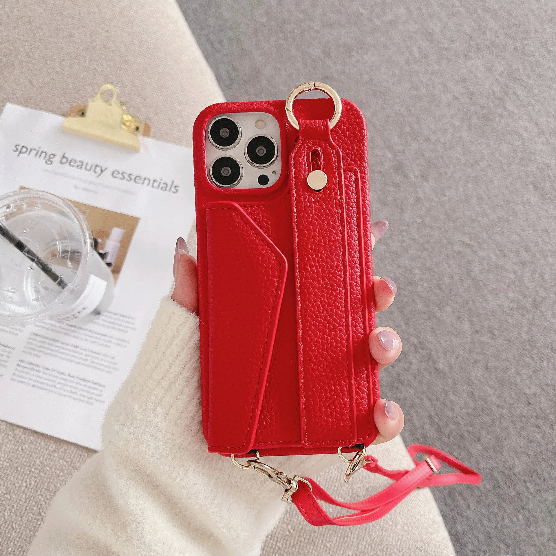 Luxuriöse Crossbody-Hülle aus Leder für das iPhone – Handschlaufe, Ringhalter, Kartenfach, stoßfester Schutz, stilvolles Design für das iPhone