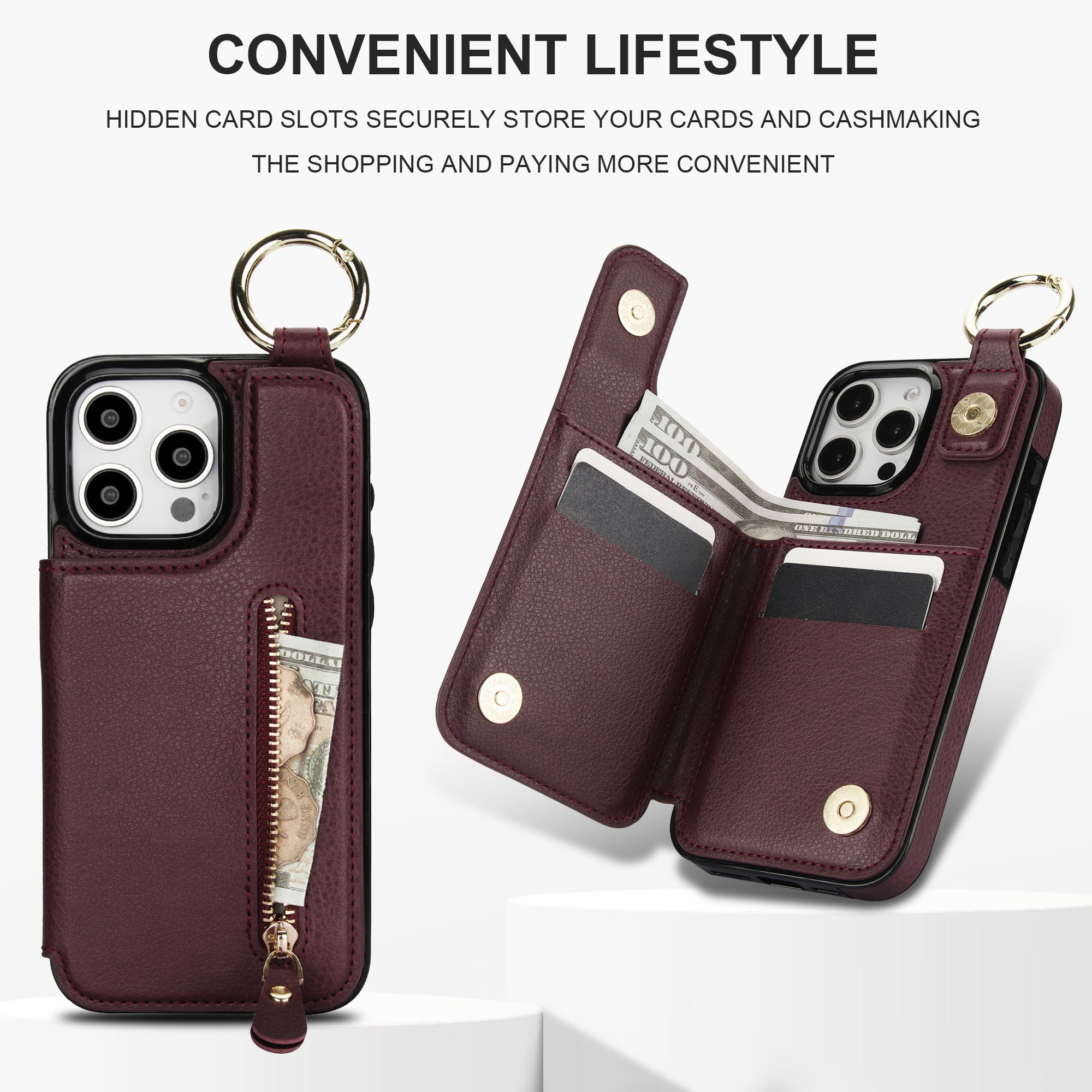 Luxuriöse iPhone-Hülle aus Leder im Brieftaschenformat mit Reißverschluss – Kartenhalter, Ringständer, stoßfester Schutz und Crossbody-Design für sicheren und stilvollen Komfort