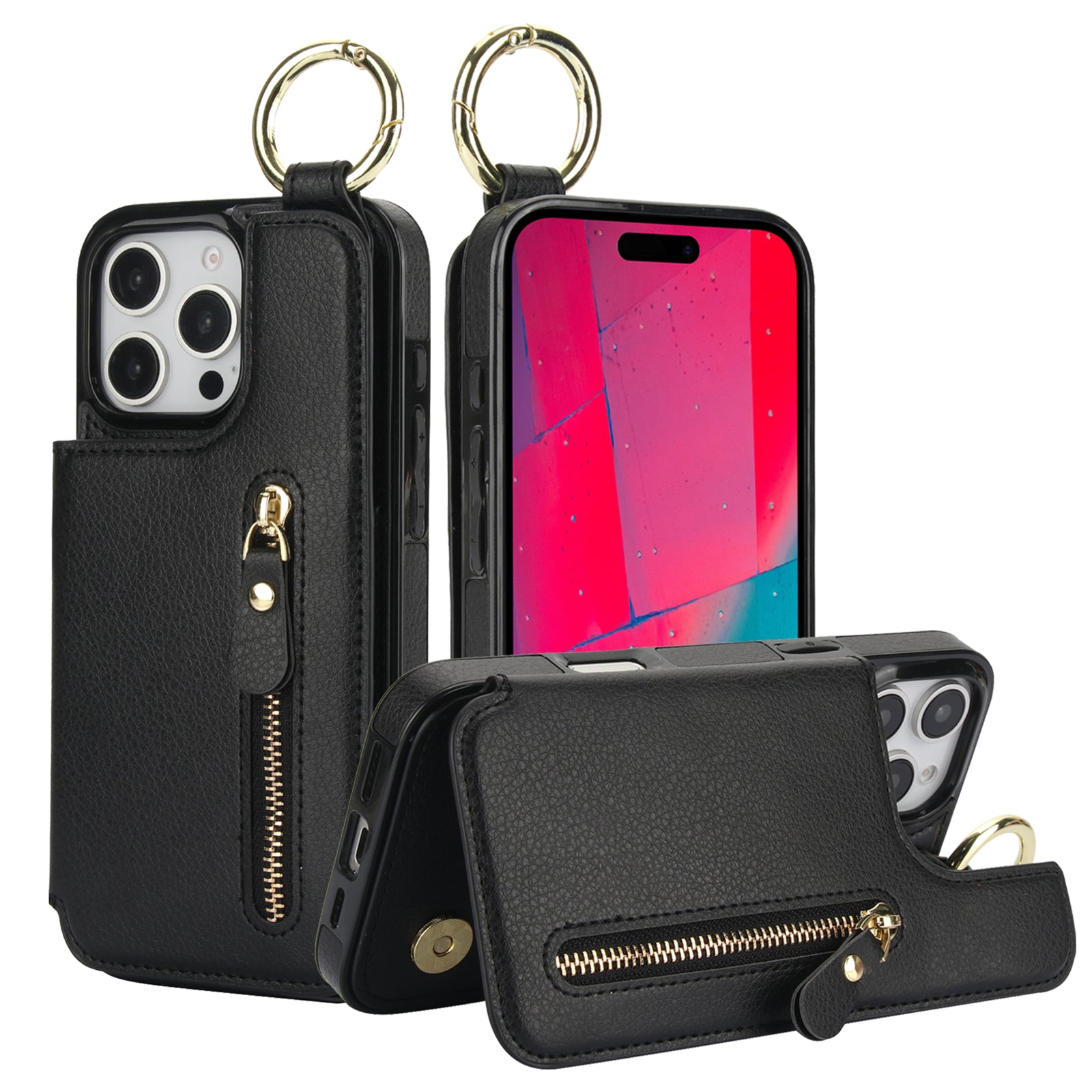 Luxuriöse iPhone-Hülle aus Leder im Brieftaschenformat mit Reißverschluss – Kartenhalter, Ringständer, stoßfester Schutz und Crossbody-Design für sicheren und stilvollen Komfort