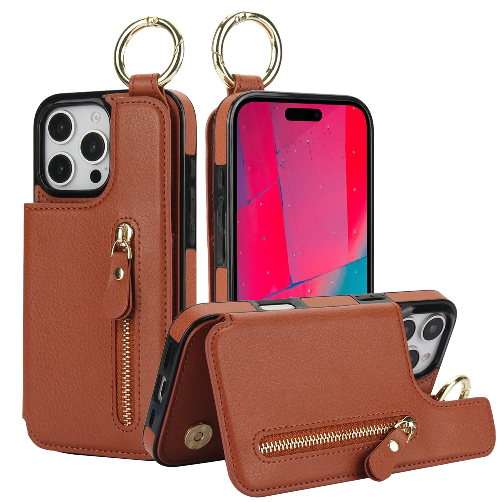 Luxuriöse iPhone-Hülle aus Leder im Brieftaschenformat mit Reißverschluss – Kartenhalter, Ringständer, stoßfester Schutz und Crossbody-Design für sicheren und stilvollen Komfort