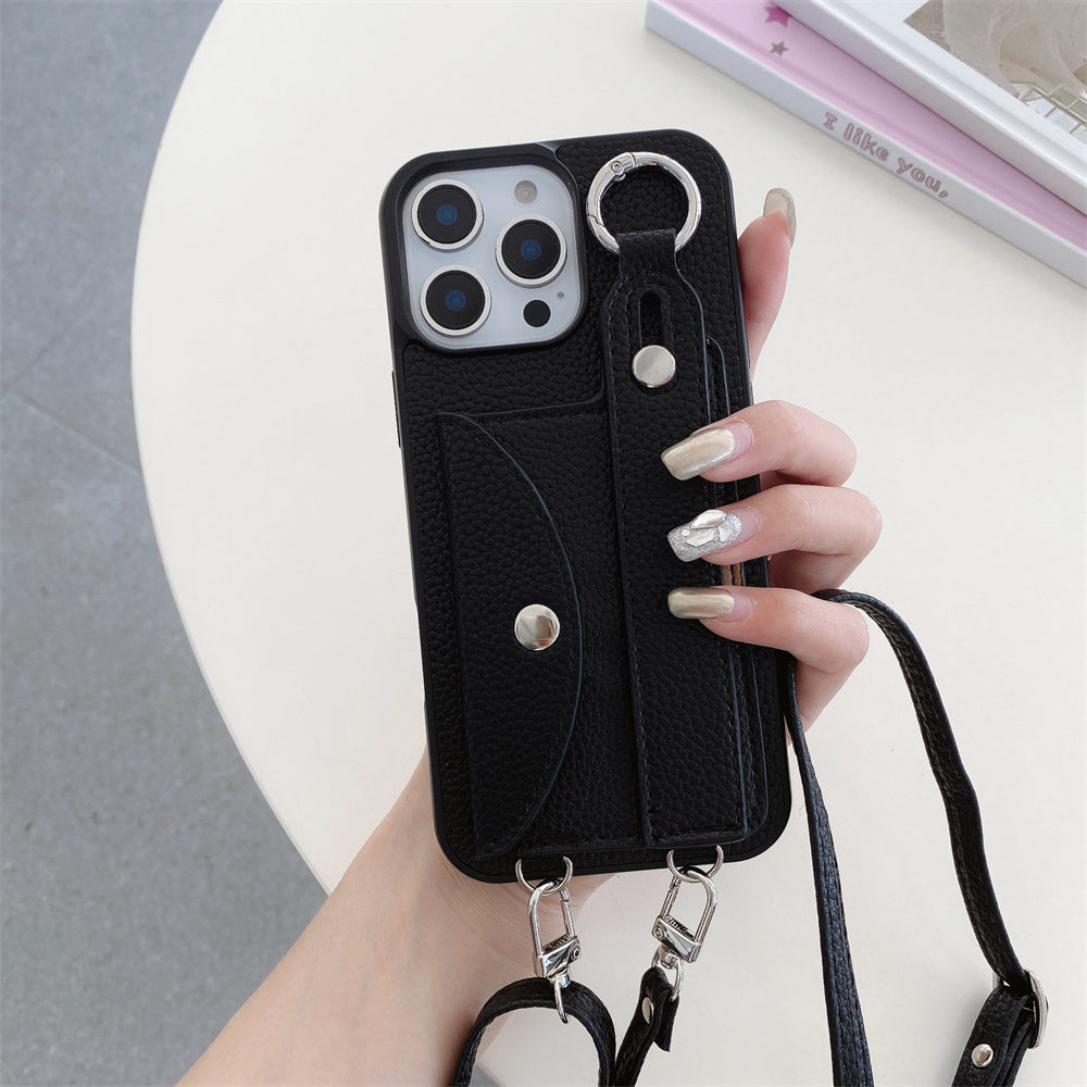 Luxuriöse Crossbody-Hülle aus Leder für das iPhone – Handschlaufe, Ringhalter, Kartenfach, stoßfester Schutz, stilvolles Design für das iPhone