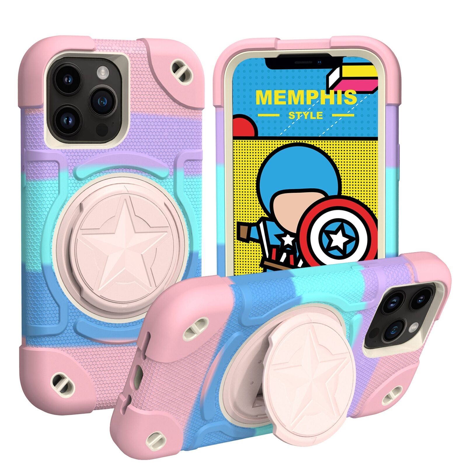 Shield Rotating Ring Rugged Stand iPhone Case – Star Design, Macaron Color Bumper Cover, Durable Protection for iPhone Models