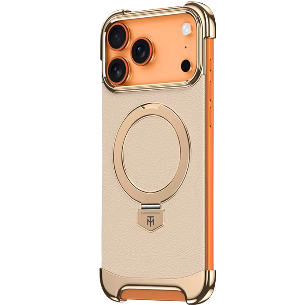 Luxury Leather Frameless iPhone Case – Ultra Thin Magnetic Cover with Metal Bracket Stand, Shockproof Bumper Protection and Camera Lens Guard