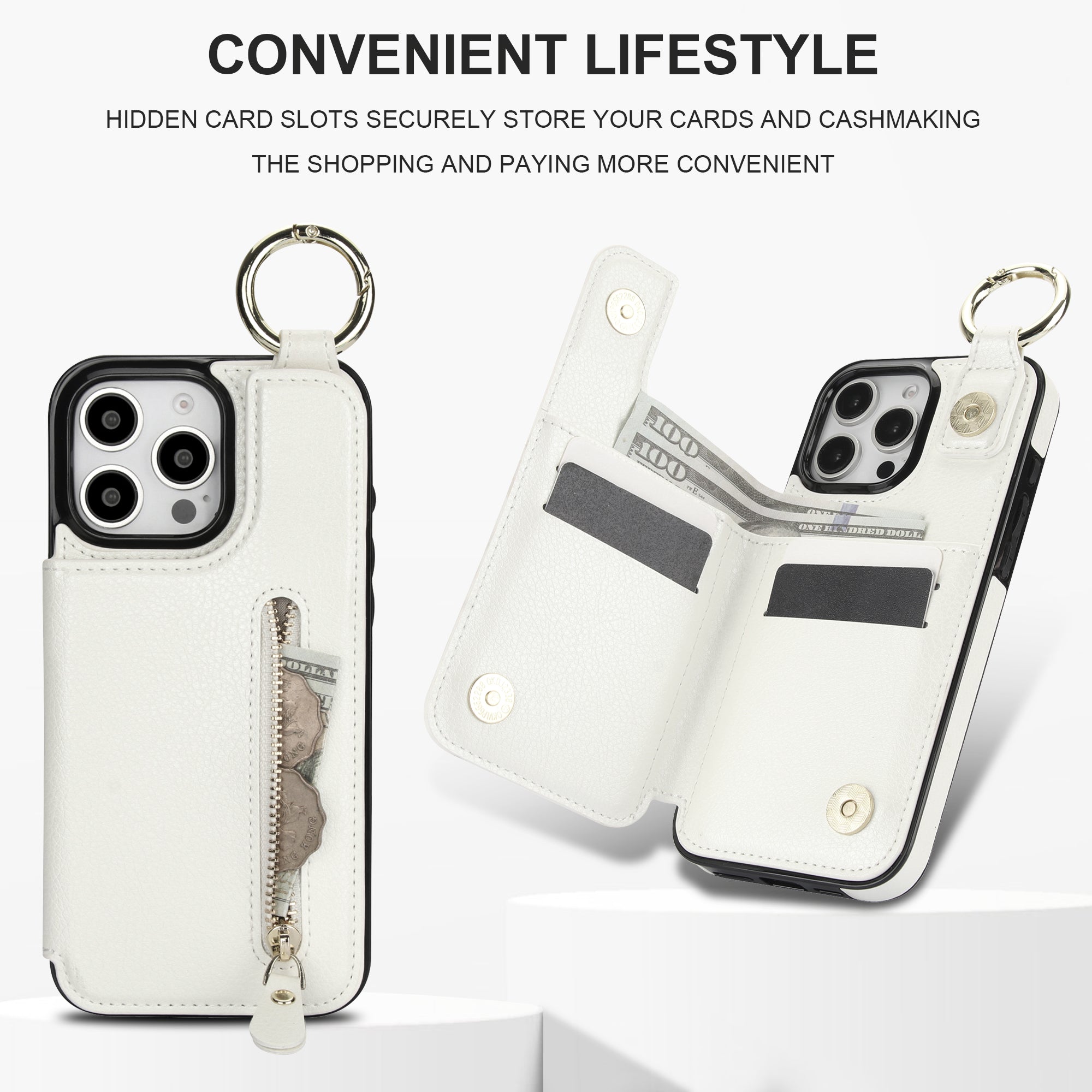 Luxuriöse iPhone-Hülle aus Leder im Brieftaschenformat mit Reißverschluss – Kartenhalter, Ringständer, stoßfester Schutz und Crossbody-Design für sicheren und stilvollen Komfort