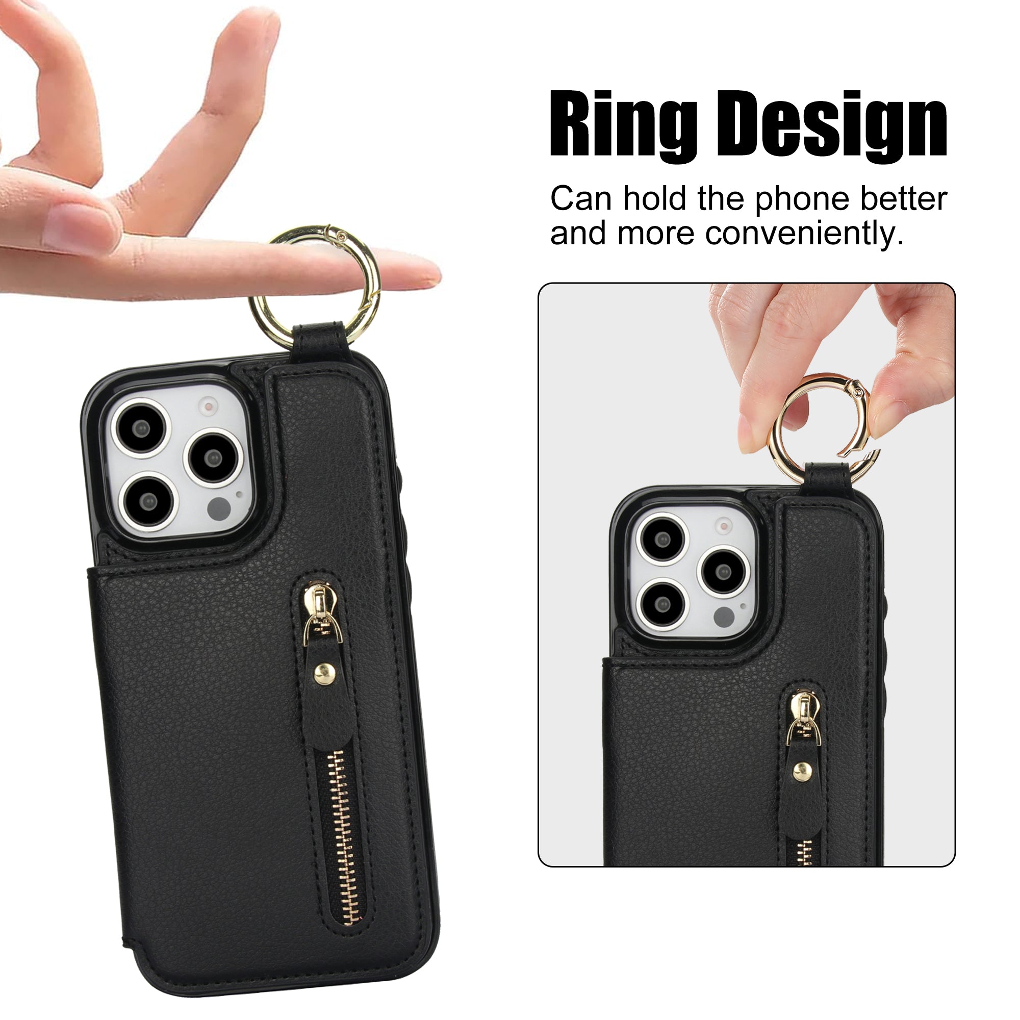 Luxuriöse iPhone-Hülle aus Leder im Brieftaschenformat mit Reißverschluss – Kartenhalter, Ringständer, stoßfester Schutz und Crossbody-Design für sicheren und stilvollen Komfort