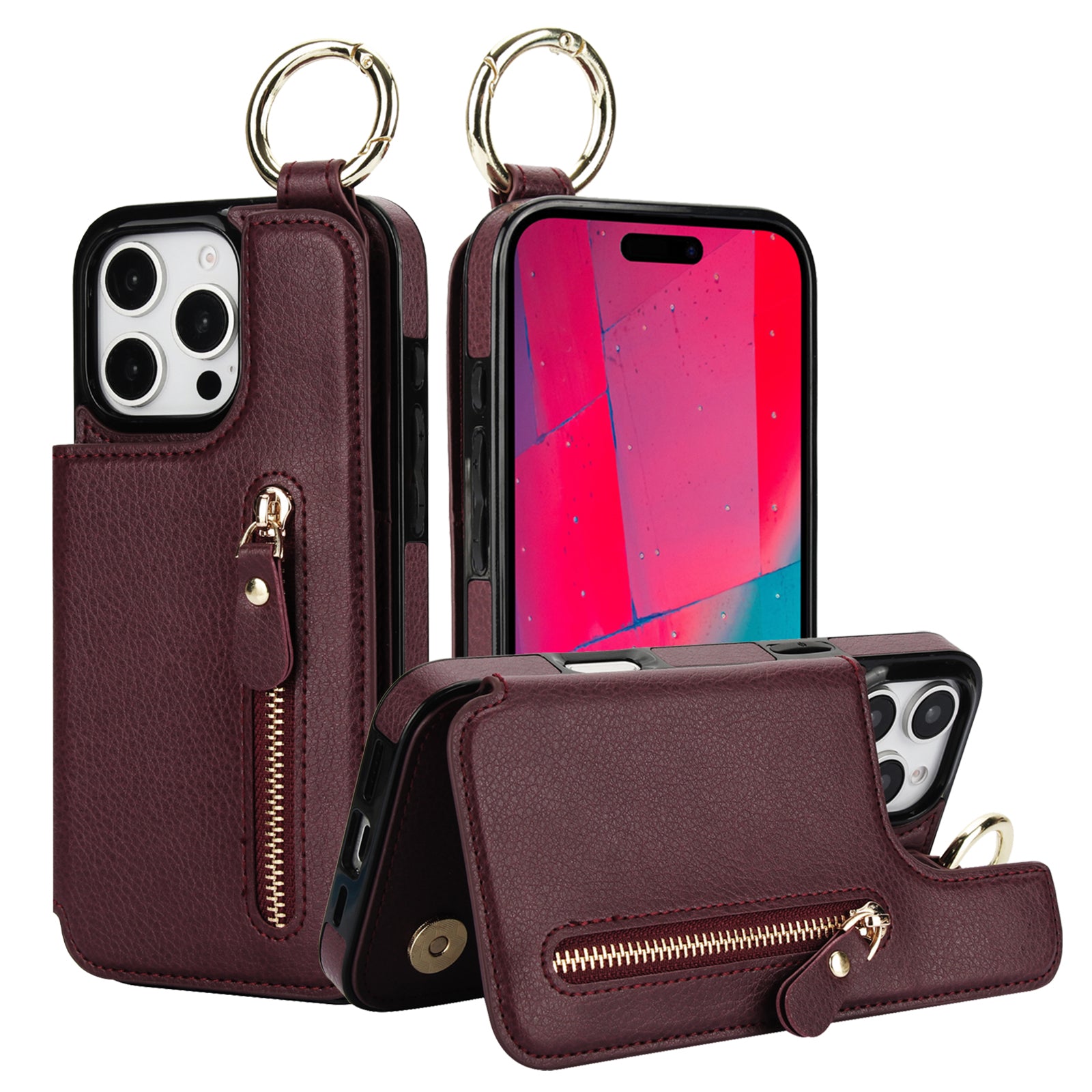 Luxuriöse iPhone-Hülle aus Leder im Brieftaschenformat mit Reißverschluss – Kartenhalter, Ringständer, stoßfester Schutz und Crossbody-Design für sicheren und stilvollen Komfort