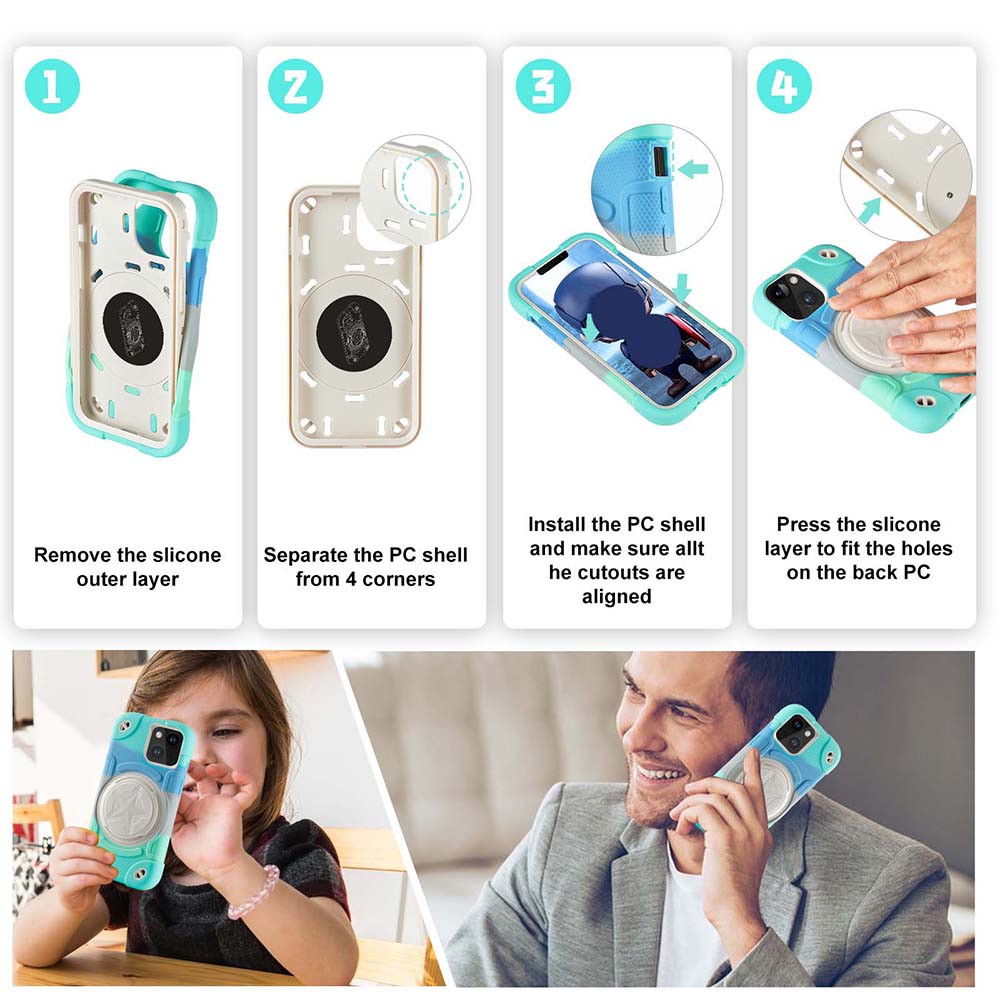 Shield Rotating Ring Rugged Stand iPhone Case – Star Design, Macaron Color Bumper Cover, Durable Protection for iPhone Models