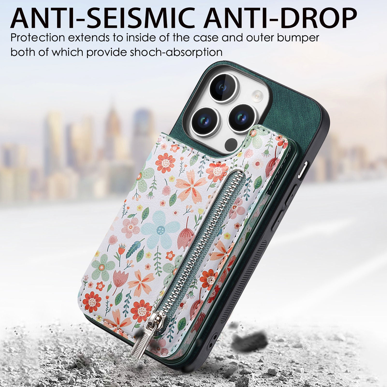 Zipper Card Slot Wallet iPhone Case – Magnetic Closure, Purse Pocket, Floral Design, Shockproof Protective Cover for iPhone
