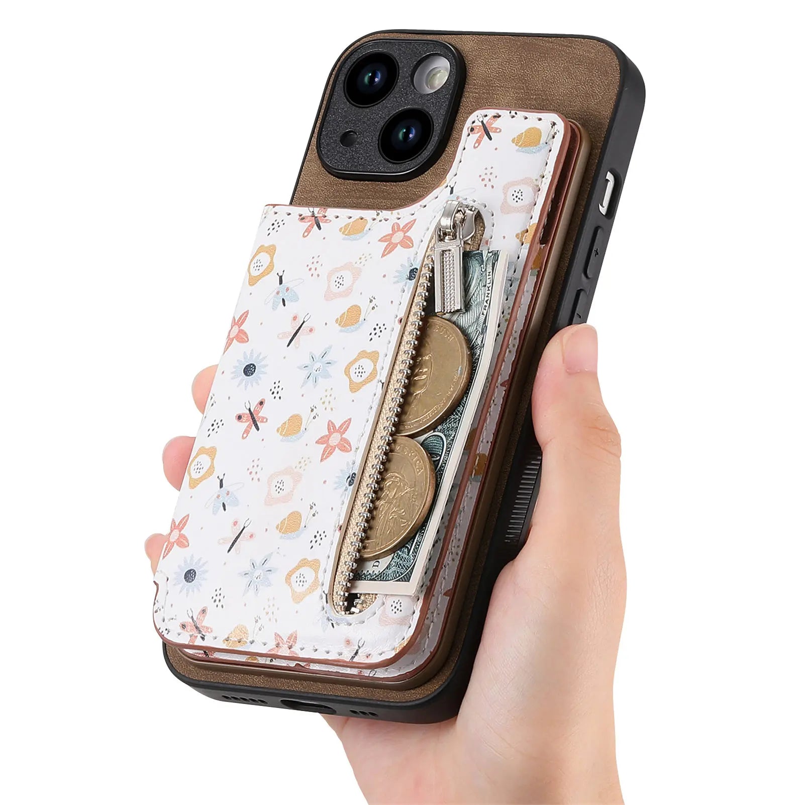 Zipper Card Slot Wallet iPhone Case – Magnetic Closure, Purse Pocket, Floral Design, Shockproof Protective Cover for iPhone