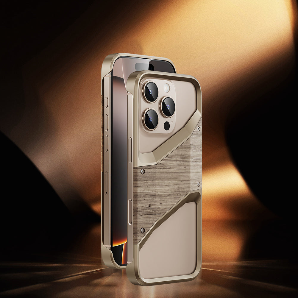 Irregular Metal Frame iPhone Case – Aluminum Alloy and Solid Wood Shockproof Frameless Cover for iPhone Models Design