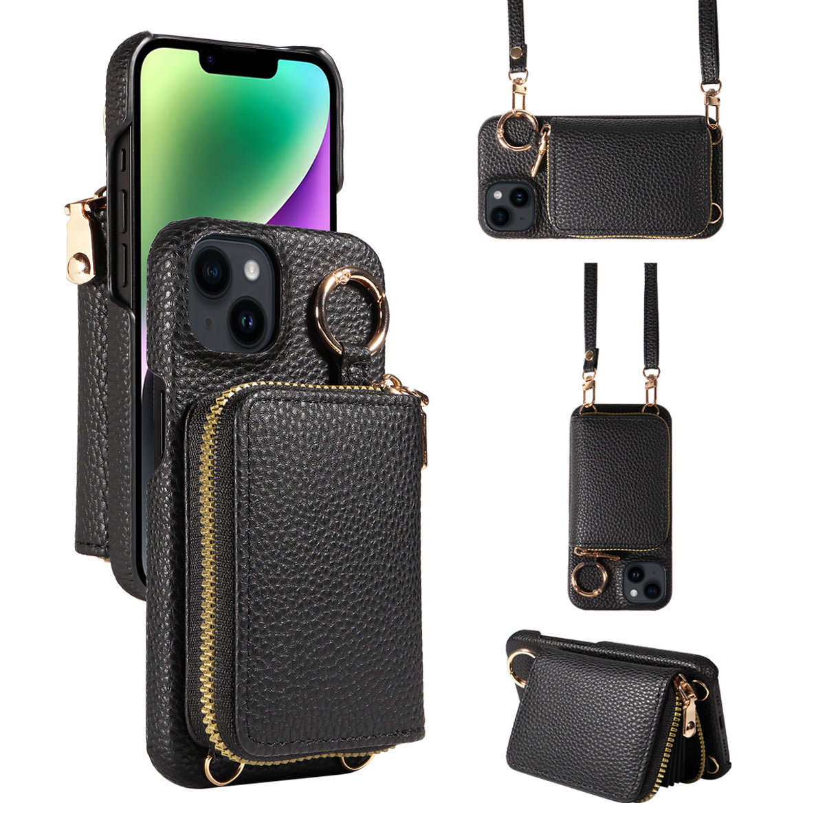 Luxury Zipper Wallet Crossbody iPhone Case Leather Cover with Card Holder Lanyard Strap and Full Protection for iPhone Models