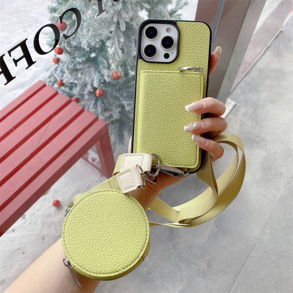 Luxury Crossbody Wallet iPhone Case – Card Pocket Holder, Lanyard Leather Cover, Stylish & Functional Design Case for iPhone