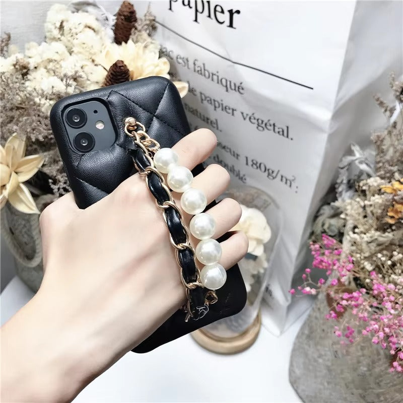 Luxury Apple iPhone Case, MagSafe Compatible, Camera Lens & Screen Protection, Ultra Thin, Shockproof, Magnetic Full All Around Cover – Pearl Metal Hand Chain Case with Lattice Lambskin Pattern for Women