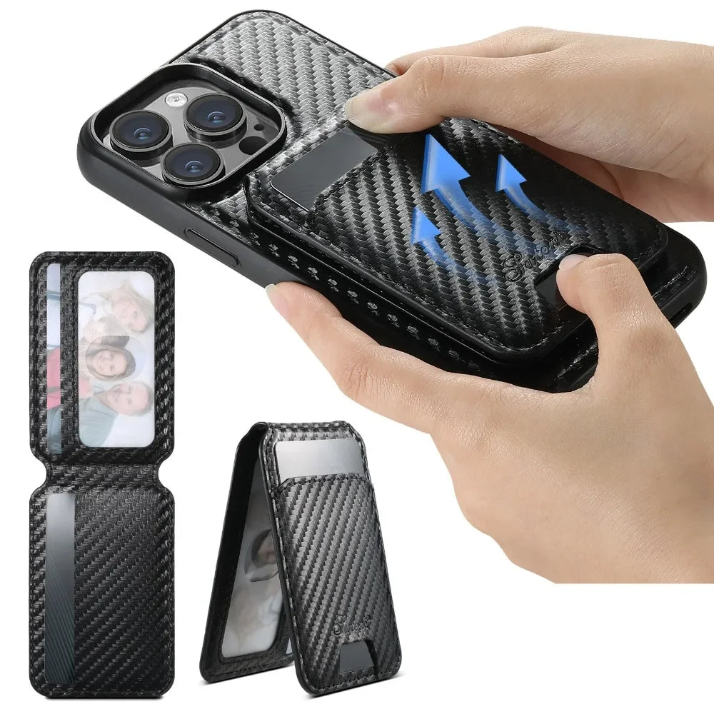 Hochwertige 2-in-1-iPhone-Hülle im Brieftaschenformat aus Carbonfaser – magnetischer Kartenhalter, abnehmbare Abdeckung, stoßfester Schutz, schlankes Design für iPhone-Modelle