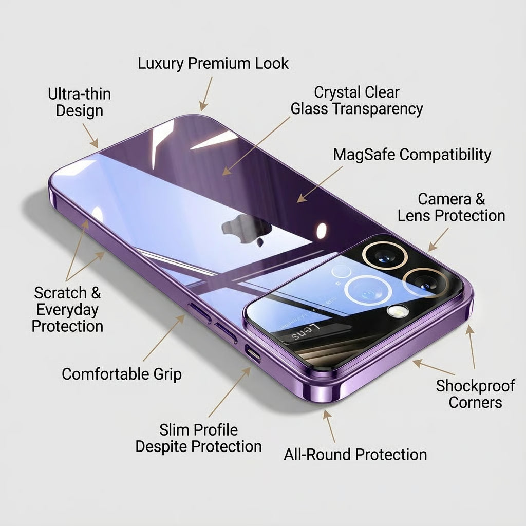 Luxury Ultra-Thin iPhone Case - Clear Transparent Hard PC Cover, MagSafe Compatible, Camera Protection, Shockproof Silicone Bumper for Full Coverage