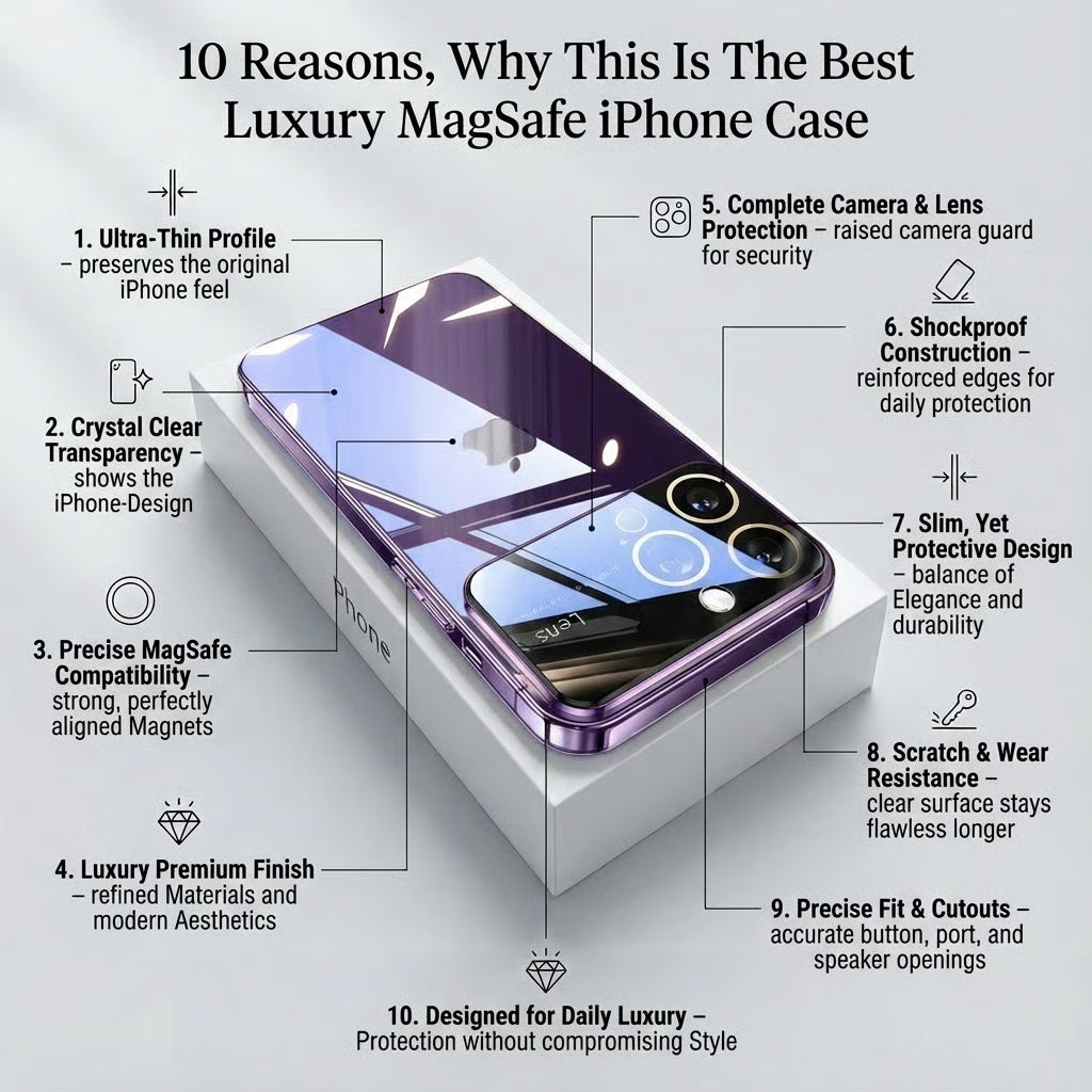 Luxury Ultra-Thin iPhone Case - Clear Transparent Hard PC Cover, MagSafe Compatible, Camera Protection, Shockproof Silicone Bumper for Full Coverage