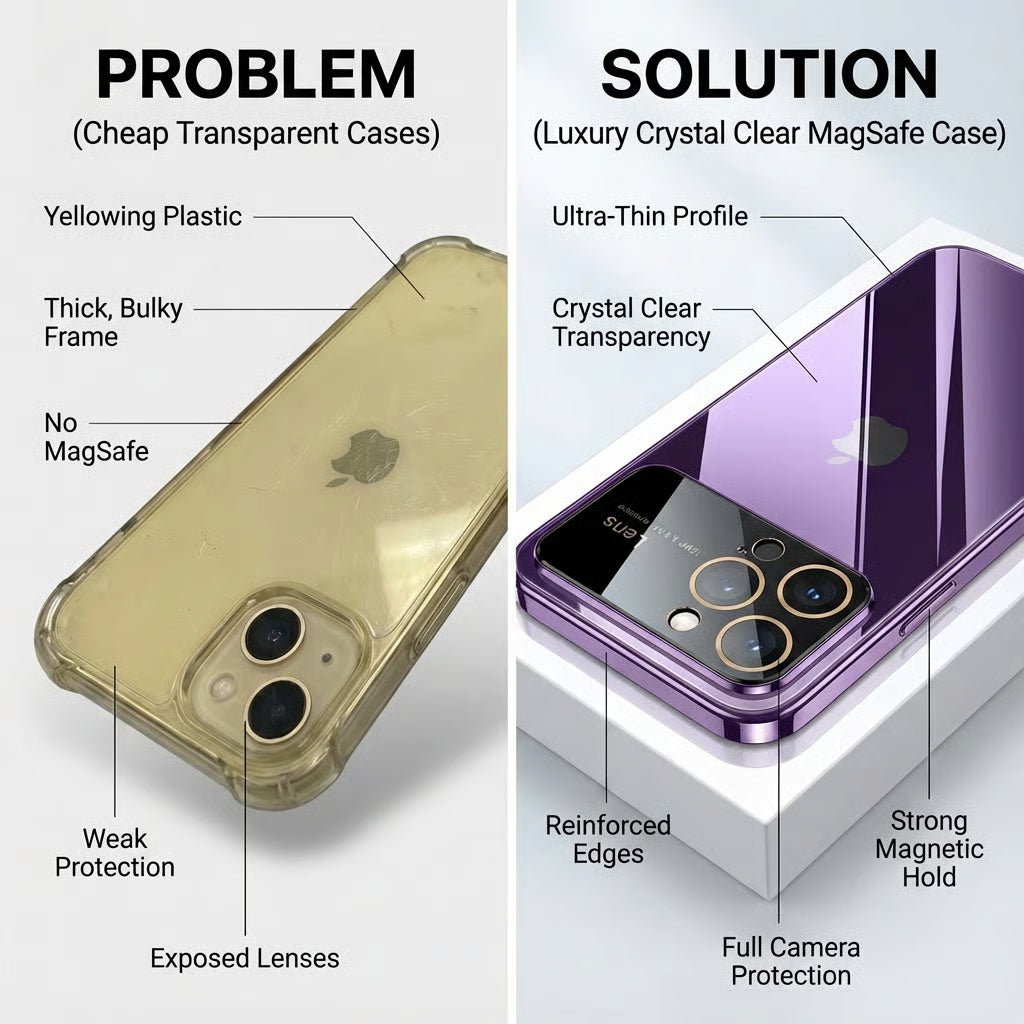 Luxury Ultra-Thin iPhone Case - Clear Transparent Hard PC Cover, MagSafe Compatible, Camera Protection, Shockproof Silicone Bumper for Full Coverage