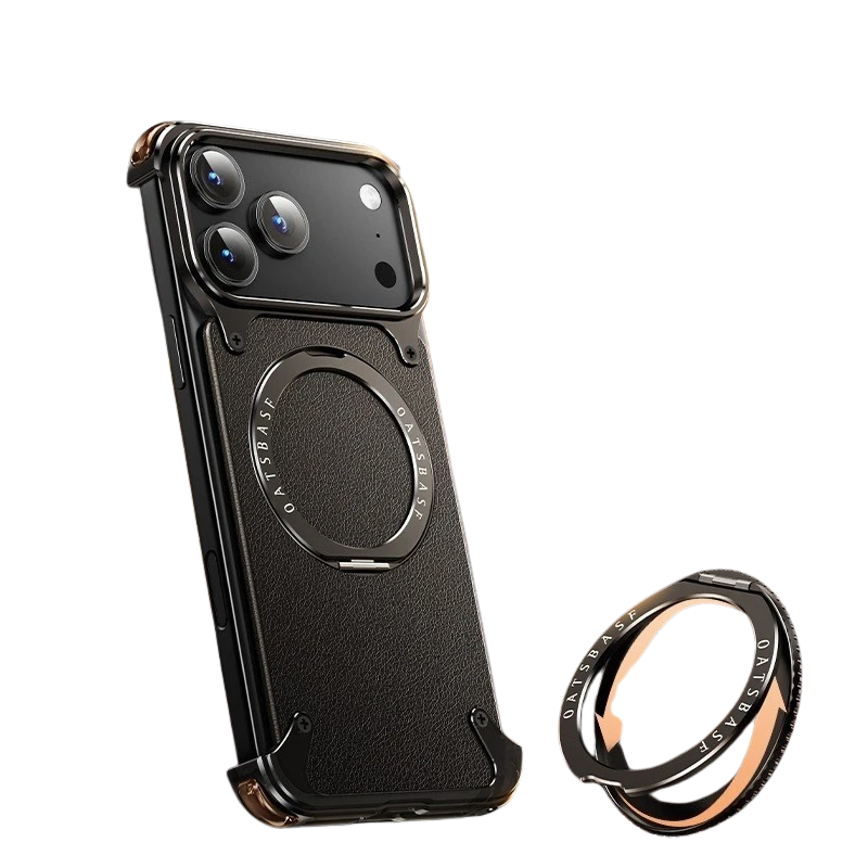 Premium Genuine Leather iPhone Case – MagSafe Compatible Frameless Cover with Rotating Magnetic Stand Ring, Shockproof Anti-Drop Protection