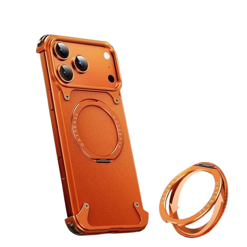 Premium Genuine Leather iPhone Case – MagSafe Compatible Frameless Cover with Rotating Magnetic Stand Ring, Shockproof Anti-Drop Protection