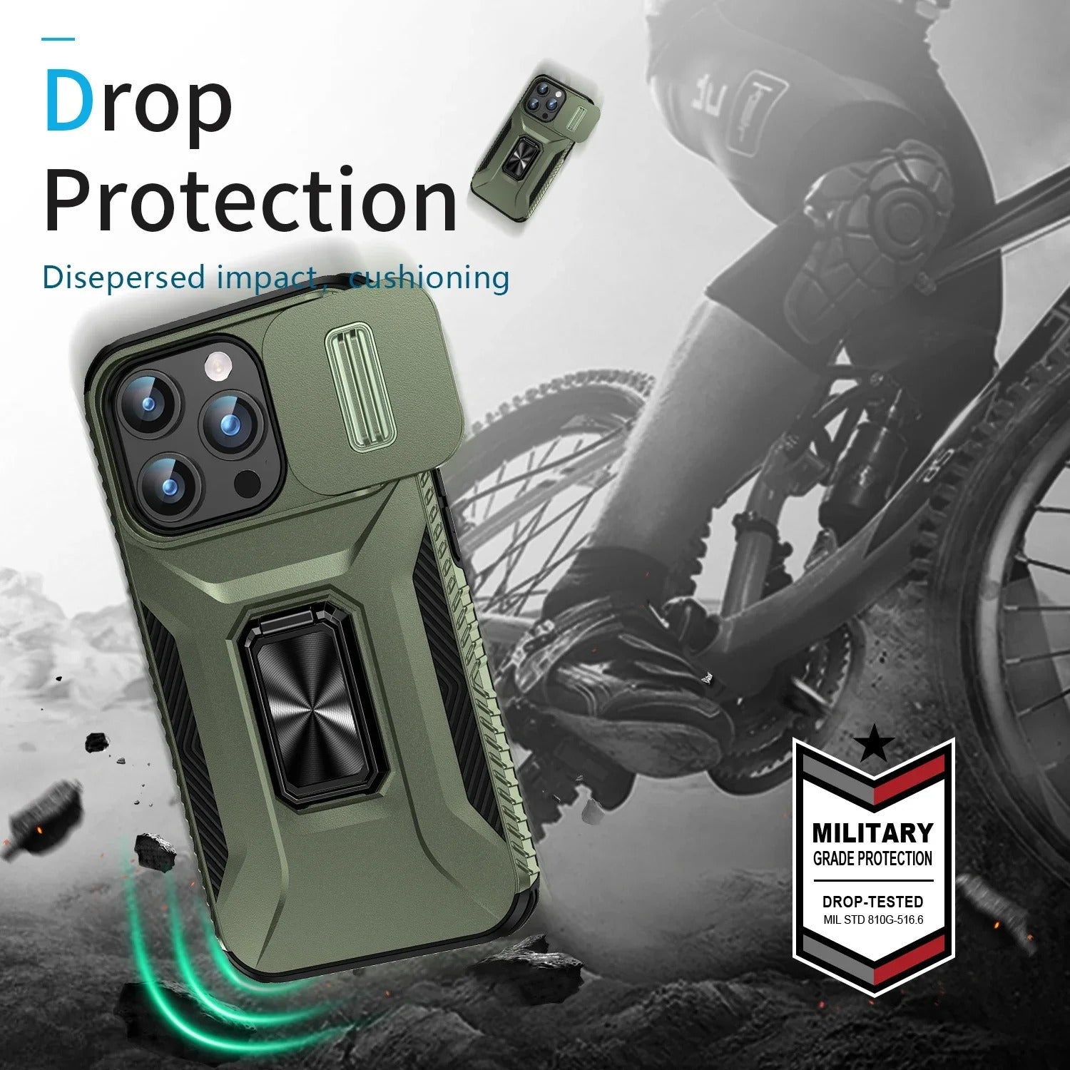 Premium Military-Grade iPhone Case – Shockproof All Around Protection Cover with Sliding Camera Lens Guard, Rotary Stand and Anti-Slip Grip