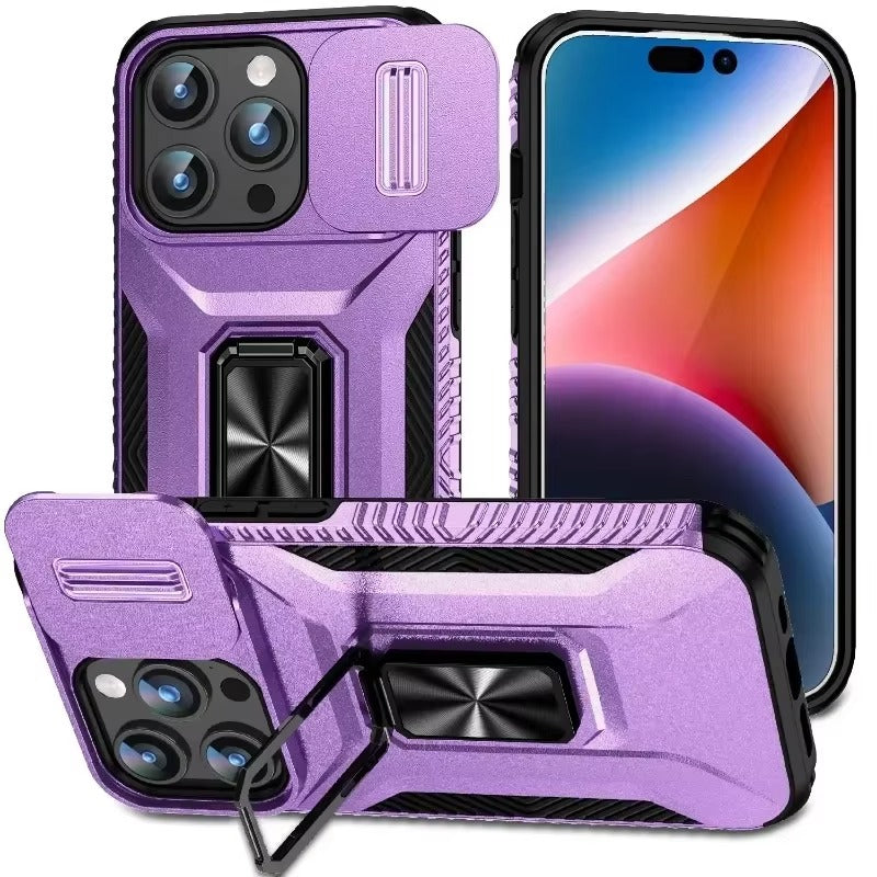 Premium Military-Grade iPhone Case – Shockproof All Around Protection Cover with Sliding Camera Lens Guard, Rotary Stand and Anti-Slip Grip