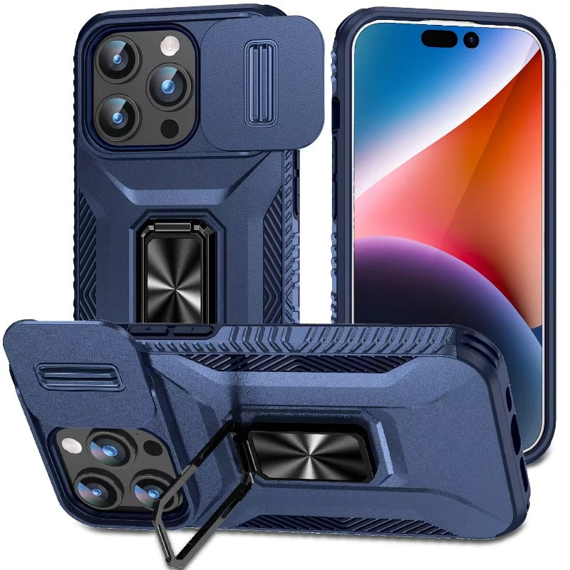 Premium Military-Grade iPhone Case – Shockproof All Around Protection Cover with Sliding Camera Lens Guard, Rotary Stand and Anti-Slip Grip