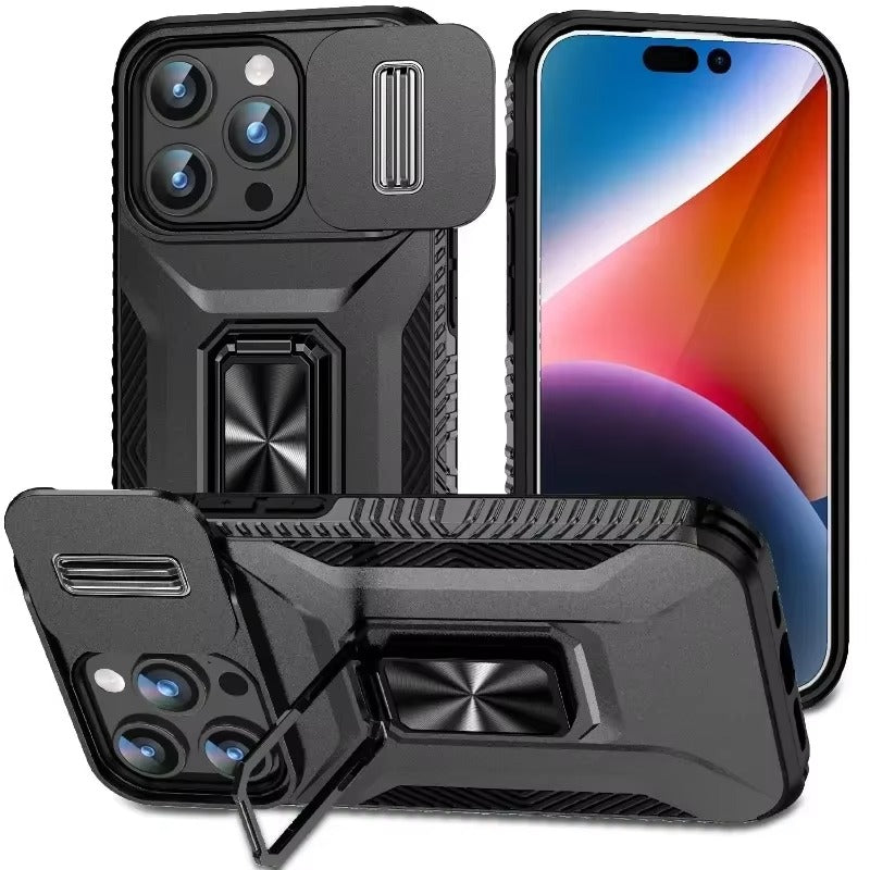 Premium Military-Grade iPhone Case – Shockproof All Around Protection Cover with Sliding Camera Lens Guard, Rotary Stand and Anti-Slip Grip