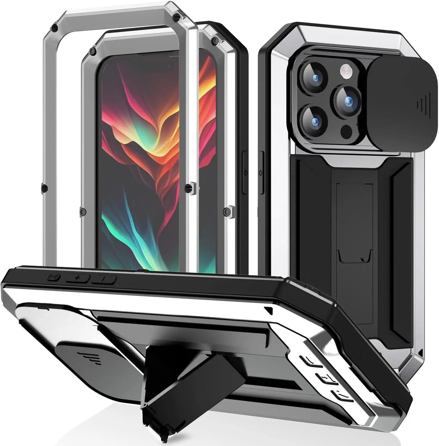Military Heavy-Duty Metal iPhone Case – Full-Body Hybrid Cover with Slide Camera Protection & Built-in Screen Protector 