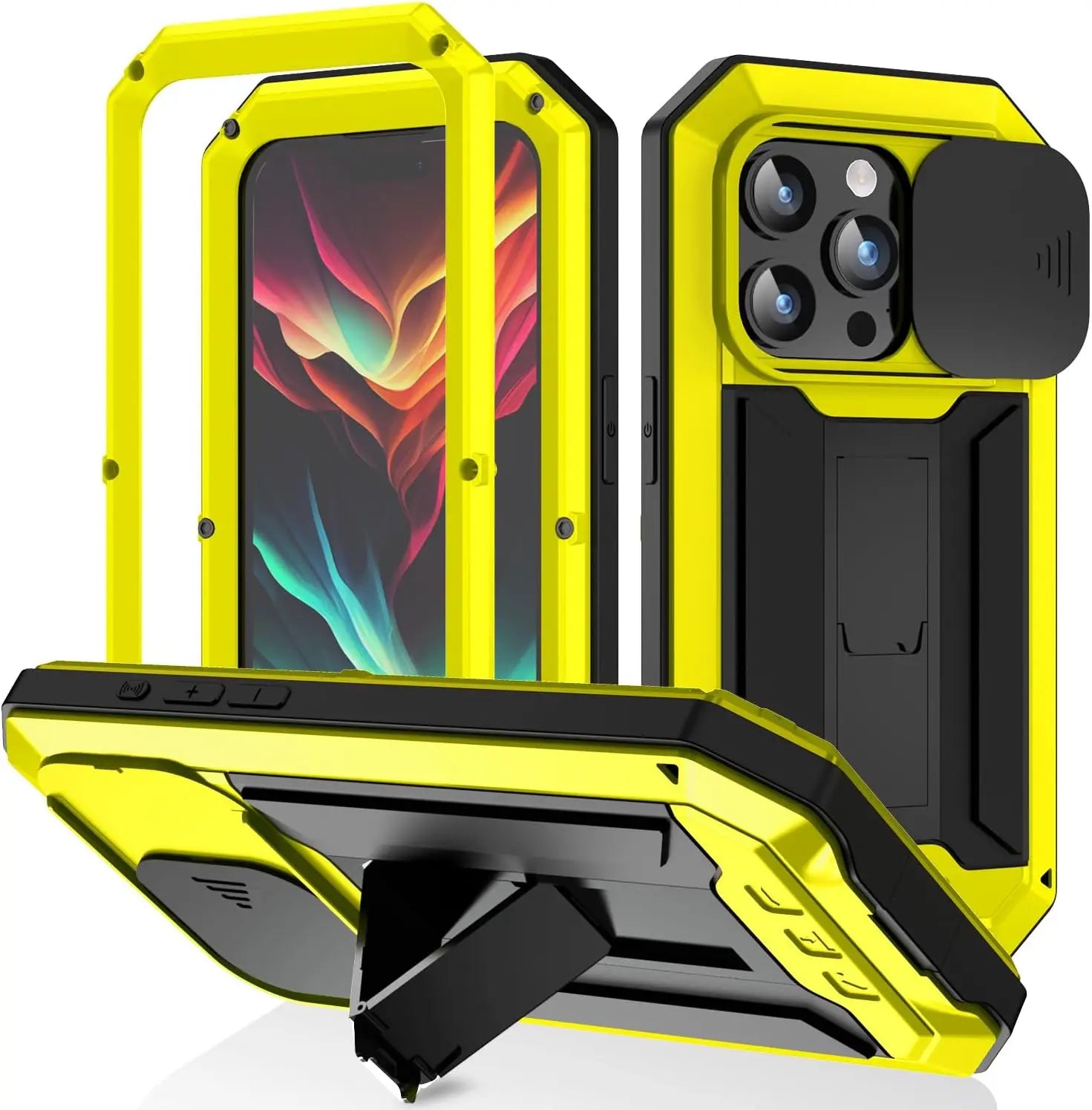 Military Heavy-Duty Metal iPhone Case – Full-Body Hybrid Cover with Slide Camera Protection & Built-in Screen Protector 