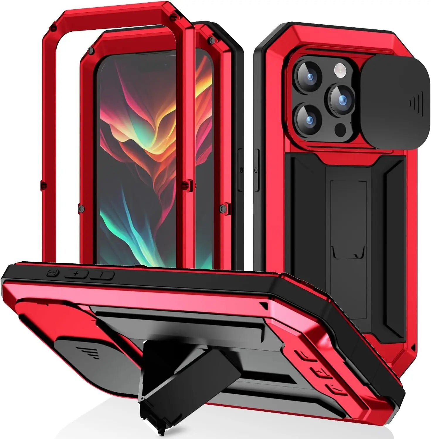 Military Heavy-Duty Metal iPhone Case – Full-Body Hybrid Cover with Slide Camera Protection & Built-in Screen Protector 